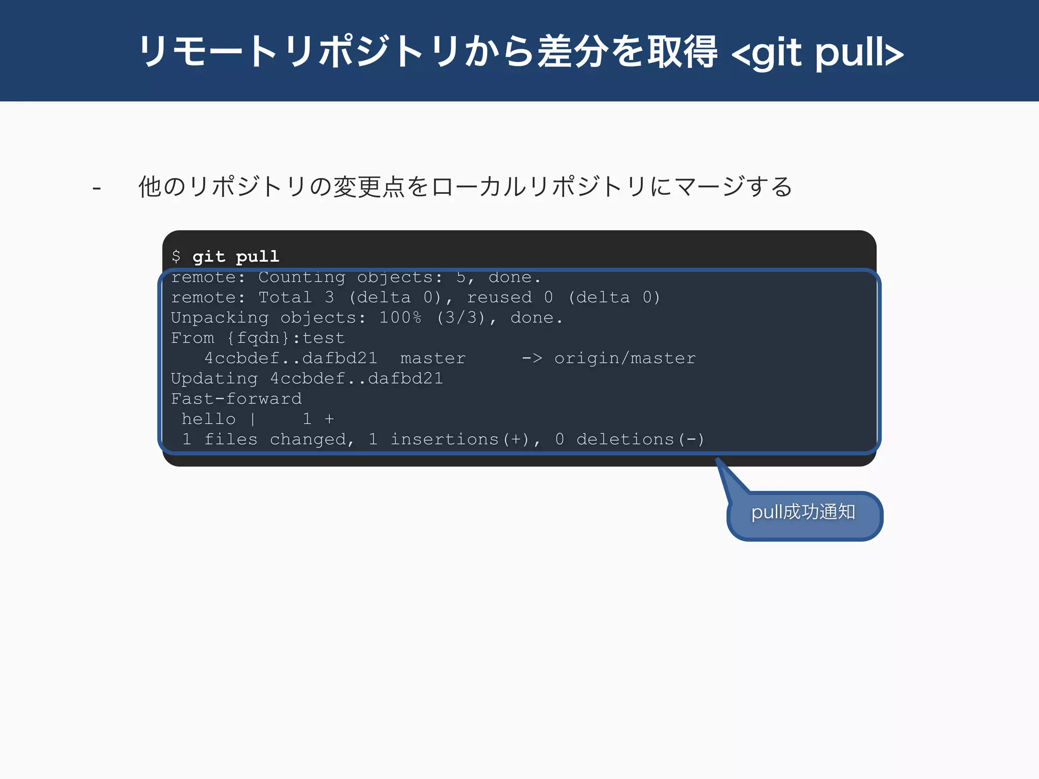 リモートリポジトリから差分を取得 <git pull>


-   他のリポジトリの変更点をローカルリポジトリにマージする

     $ git pull
     remote: Counting objects: 5, done.
     remote: Total 3 (delta 0), reused 0 (delta 0)
     Unpacking objects: 100% (3/3), done.
     From {fqdn}:test
        4ccbdef..dafbd21 master      -> origin/master
     Updating 4ccbdef..dafbd21
     Fast-forward
      hello |     1 +
      1 files changed, 1 insertions(+), 0 deletions(-)



                                                         pull成功通知
 