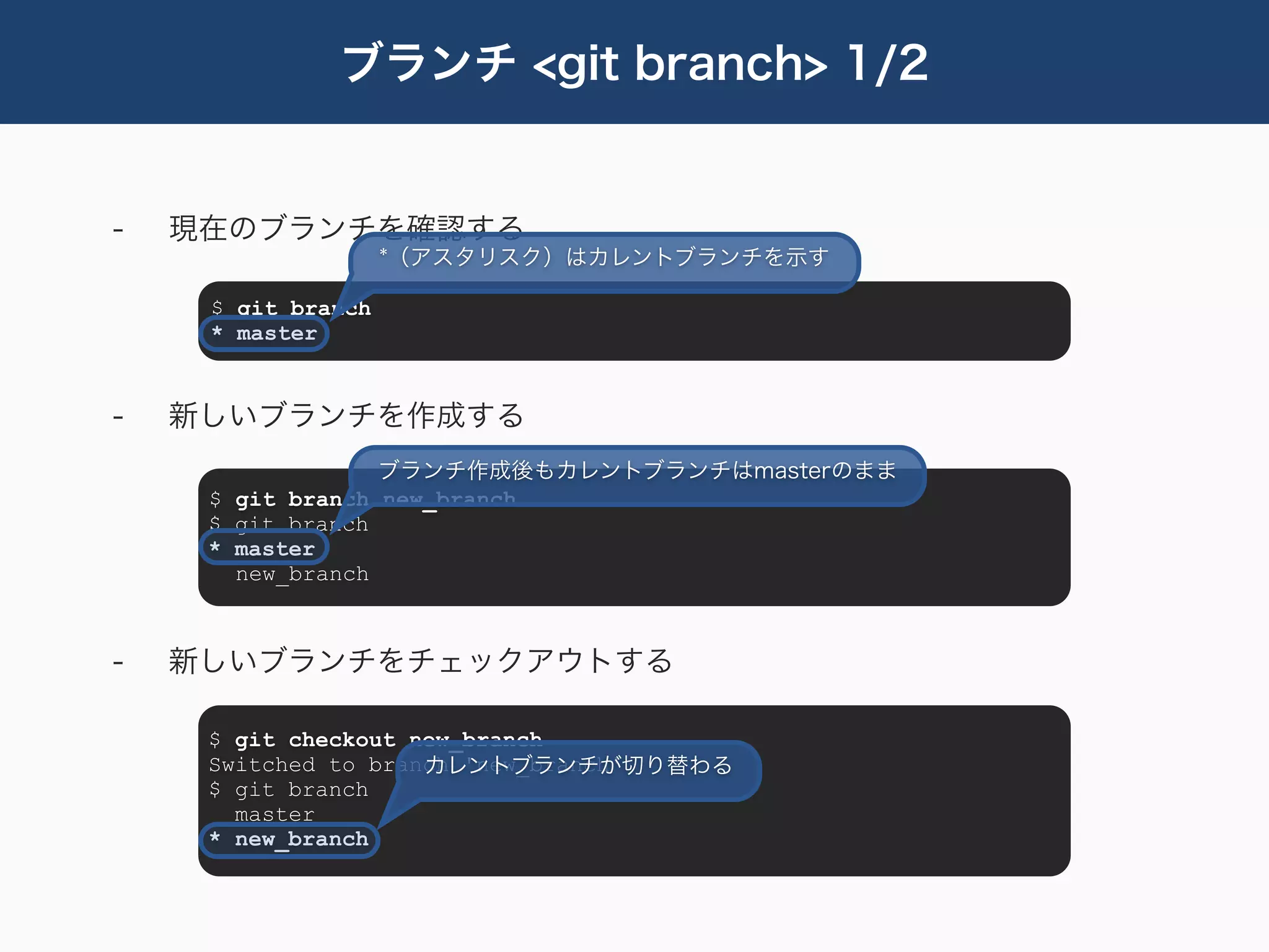 ブランチ <git branch> 1/2


-   現在のブランチを確認する
                    *（アスタリスク）はカレントブランチを示す

     $ git branch
     * master


-   新しいブランチを作成する
                  ブランチ作成後もカレントブランチはmasterのまま
     $ git branch new_branch
     $ git branch
     * master
       new_branch



-   新しいブランチをチェックアウトする

     $ git checkout new_branch
     Switched to branch 'new_branch'
                     カレントブランチが切り替わる
     $ git branch
       master
     * new_branch
 