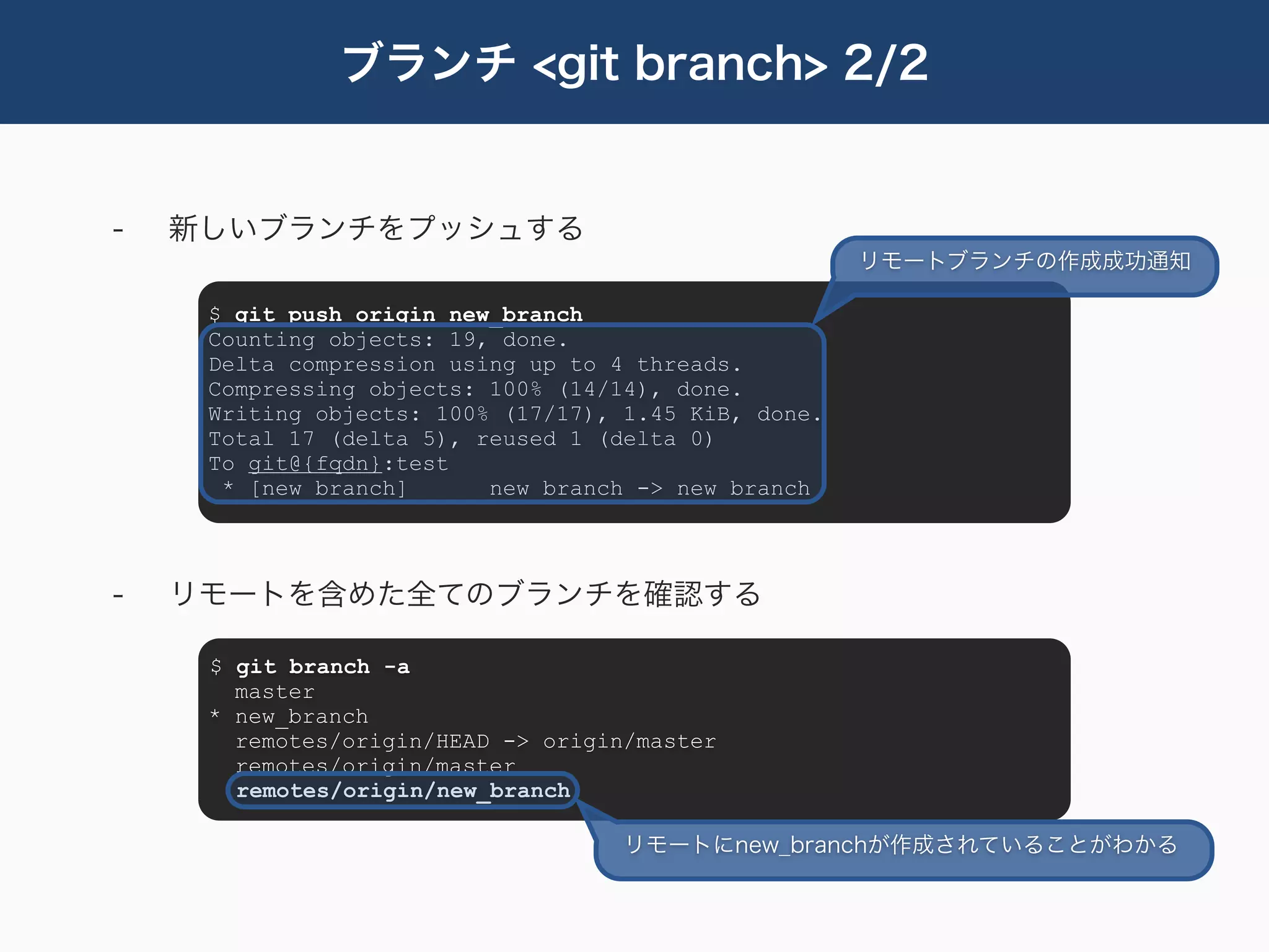 ブランチ <git branch> 2/2


-   新しいブランチをプッシュする
                                                      リモートブランチの作成成功通知

     $ git push origin new_branch
     Counting objects: 19, done.
     Delta compression using up to 4 threads.
     Compressing objects: 100% (14/14), done.
     Writing objects: 100% (17/17), 1.45 KiB, done.
     Total 17 (delta 5), reused 1 (delta 0)
     To git@{fqdn}:test
      * [new branch]      new_branch -> new_branch



-   リモートを含めた全てのブランチを確認する

     $ git branch -a
       master
     * new_branch
       remotes/origin/HEAD -> origin/master
       remotes/origin/master
       remotes/origin/new_branch

                                    リモートにnew_branchが作成されていることがわかる
 