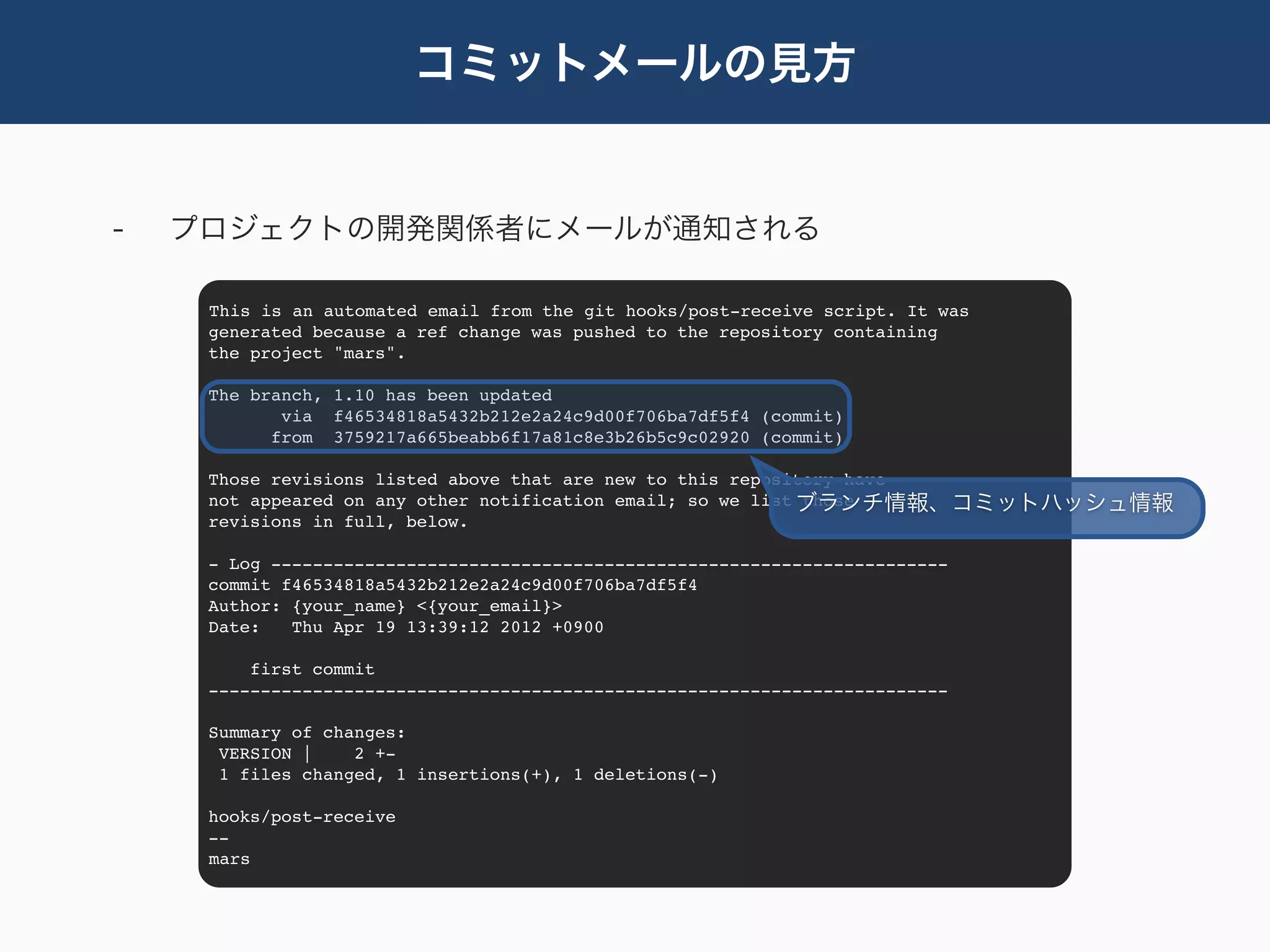 コミットメールの見方


-   プロジェクトの開発関係者にメールが通知される

     This is an automated email from the git hooks/post-receive script. It was
     generated because a ref change was pushed to the repository containing
     the project "mars".

     The branch, 1.10 has been updated
            via f46534818a5432b212e2a24c9d00f706ba7df5f4 (commit)
           from 3759217a665beabb6f17a81c8e3b26b5c9c02920 (commit)

     Those revisions listed above that are new to this repository have
     not appeared on any other notification email; so we list ブランチ情報、コミットハッシュ情報
                                                              those
     revisions in full, below.

     - Log -----------------------------------------------------------------
     commit f46534818a5432b212e2a24c9d00f706ba7df5f4
     Author: {your_name} <{your_email}>
     Date:   Thu Apr 19 13:39:12 2012 +0900

         first commit
     -----------------------------------------------------------------------

     Summary of changes:
      VERSION |    2 +-
      1 files changed, 1 insertions(+), 1 deletions(-)

     hooks/post-receive
     --
     mars
 