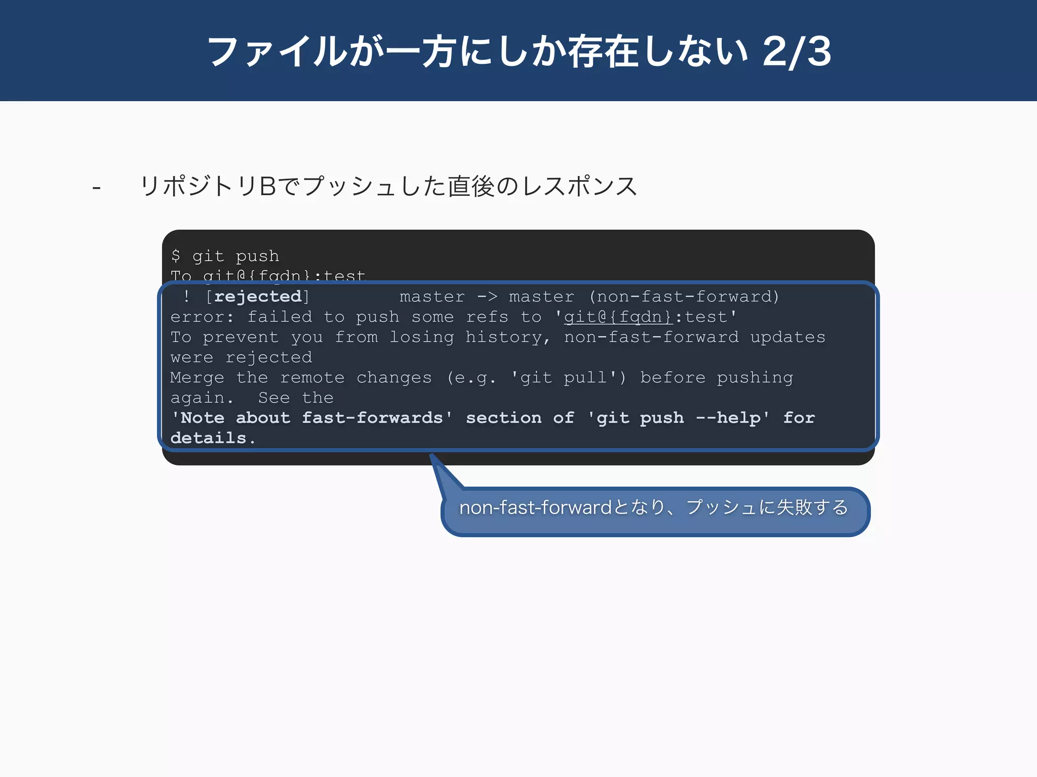 ファイルが一方にしか存在しない 2/3


-   リポジトリBでプッシュした直後のレスポンス

     $ git push
     To git@{fqdn}:test
      ! [rejected]        master -> master (non-fast-forward)
     error: failed to push some refs to 'git@{fqdn}:test'
     To prevent you from losing history, non-fast-forward updates
     were rejected
     Merge the remote changes (e.g. 'git pull') before pushing
     again. See the
     'Note about fast-forwards' section of 'git push --help' for
     details.


                               non-fast-forwardとなり、プッシュに失敗する
 