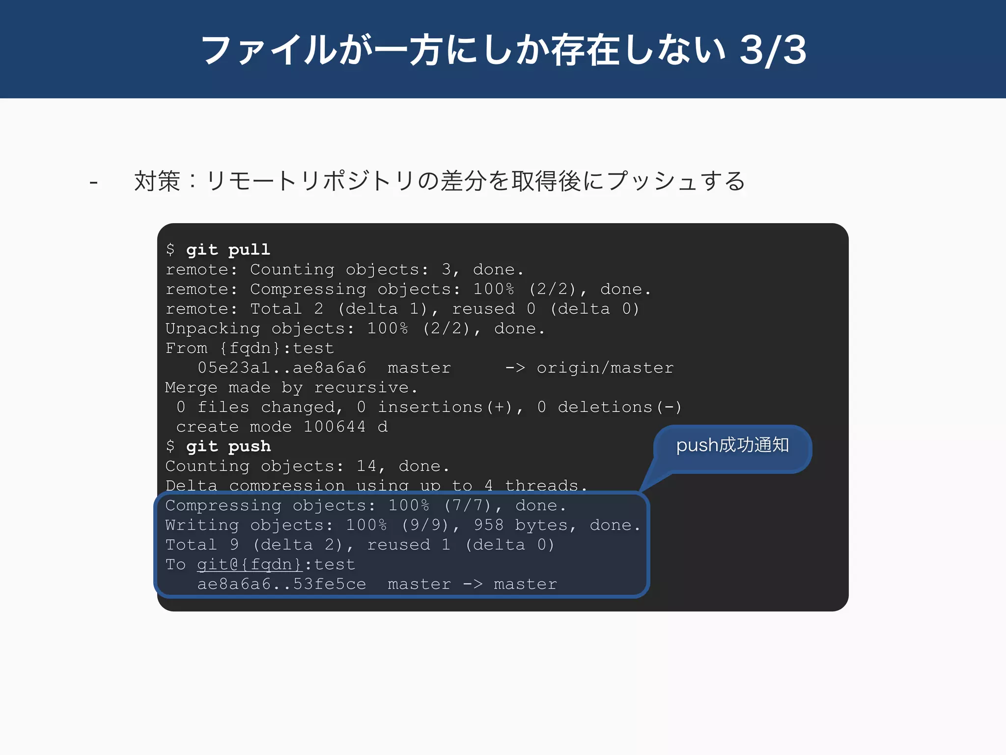 ファイルが一方にしか存在しない 3/3


-   対策：リモートリポジトリの差分を取得後にプッシュする

     $ git pull
     remote: Counting objects: 3, done.
     remote: Compressing objects: 100% (2/2), done.
     remote: Total 2 (delta 1), reused 0 (delta 0)
     Unpacking objects: 100% (2/2), done.
     From {fqdn}:test
        05e23a1..ae8a6a6 master      -> origin/master
     Merge made by recursive.
      0 files changed, 0 insertions(+), 0 deletions(-)
      create mode 100644 d
     $ git push                                       push成功通知
     Counting objects: 14, done.
     Delta compression using up to 4 threads.
     Compressing objects: 100% (7/7), done.
     Writing objects: 100% (9/9), 958 bytes, done.
     Total 9 (delta 2), reused 1 (delta 0)
     To git@{fqdn}:test
        ae8a6a6..53fe5ce master -> master
 