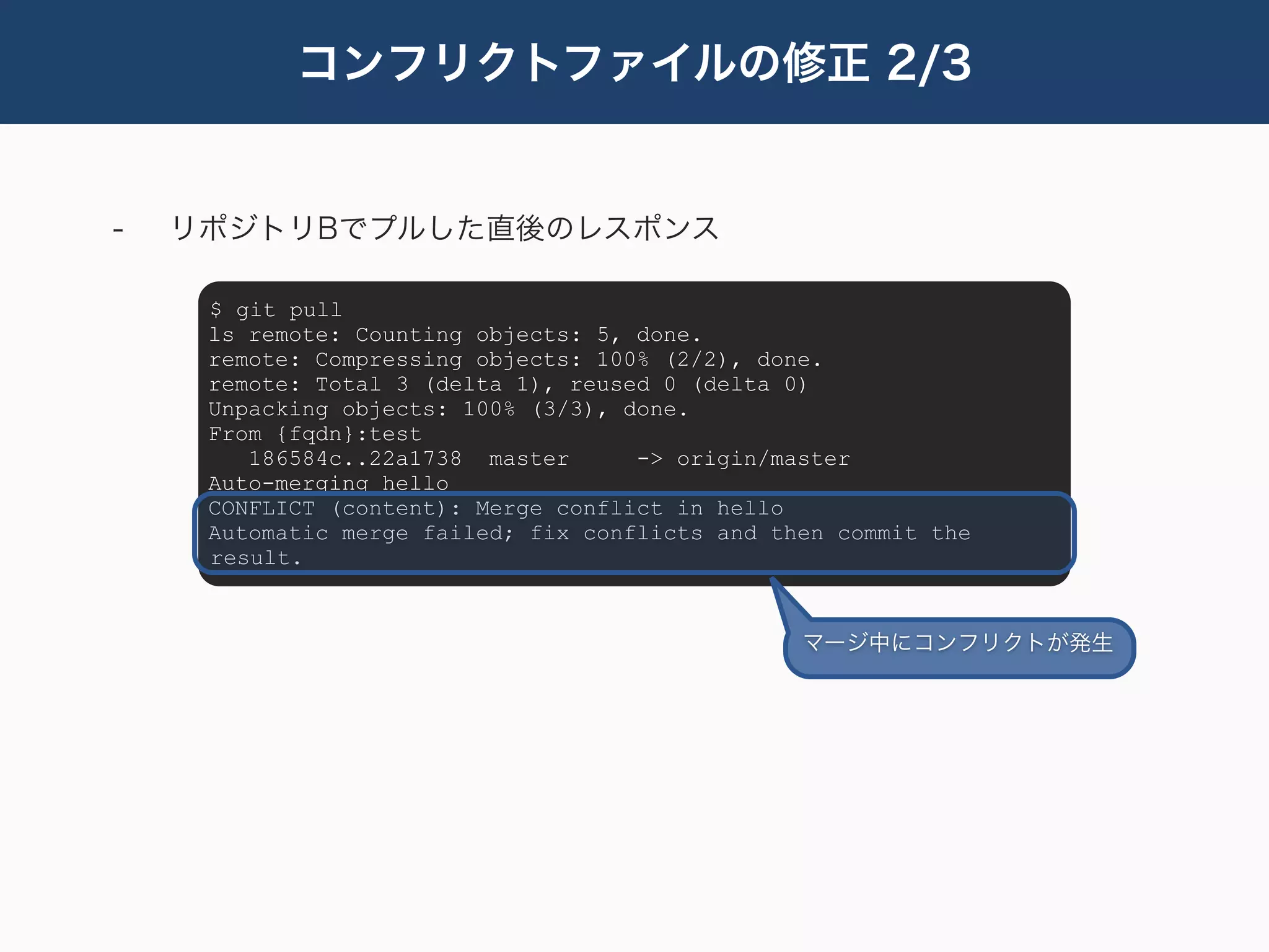 コンフリクトファイルの修正 2/3


-   リポジトリBでプルした直後のレスポンス

     $ git pull
     ls remote: Counting objects: 5, done.
     remote: Compressing objects: 100% (2/2), done.
     remote: Total 3 (delta 1), reused 0 (delta 0)
     Unpacking objects: 100% (3/3), done.
     From {fqdn}:test
        186584c..22a1738 master      -> origin/master
     Auto-merging hello
     CONFLICT (content): Merge conflict in hello
     Automatic merge failed; fix conflicts and then commit the
     result.


                                                 マージ中にコンフリクトが発生
 