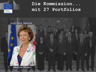Die Kommission...
                           mit 27 Portfolios

        Digitale Agenda




           Neelie Kroes
http://ec.europa.eu/commission_2010-2014/
 
