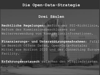 Die Open-Data-Strategie

                  Drei Säulen

Rechtliche Regelungen: Reform der PSI-Richtlinie,
Reform des Kommissionsbeschlusses zur
Weiterverwendung von Kommissionsinformationen.

Finanzierungs- und Unterstützungsmaßnahmen: F&E&I
im Bereich Offene Daten, Open-Data-Portale;
Mittel aus Horizon 2020 und der Connecting Europe
Facility.

Erfahrungsaustausch zwischen den Mitgliedstaaten
 