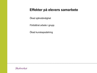 Effekter på elevers samarbete

Ökad självständighet


Förbättrat arbete i grupp


Ökad kunskapsdelning
 