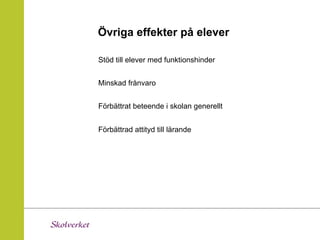 Övriga effekter på elever

Stöd till elever med funktionshinder


Minskad frånvaro


Förbättrat beteende i skolan generellt


Förbättrad attityd till lärande
 