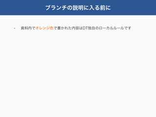 ブランチの説明に入る前に


-   資料内でオレンジ色で書かれた内容はDT独自のローカルルールです
 
