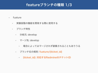 featureブランチの種類 1/3


-       fuature

    -         実験段階の機能を開発する際に使用する

    -         ブランチ特性

          -        分岐元: develop

          -        マージ先: develop

               -     場合によってはマージされず破棄されることもありうる

          -        ブランチ名の規則: fuature/{ticket_id}

               -     {ticket_id}: 対応するRedmineのチケットID
 