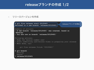 releaseブランチの作成 1/2


-   リリースバージョンを作成

     $ git flow release start 20120401              releaseブランチを開始
     Switched to a new branch 'release/20120401'

     Summary of actions:
     - A new branch 'release/20120401' was created, based on
     'develop'
     - You are now on branch 'release/20120401'

     Follow-up actions:
     - Bump the version number now!
     - Start committing last-minute fixes in preparing your release
     - When done, run:

          git flow release finish '20120401'

     $ git branch
       develop
       master
     * release/20120401
 