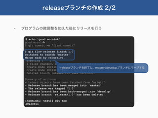 releaseブランチの作成 2/2


-   プログラムの微調整を加えた後にリリースを行う

     $ echo 'good mornink'
     good mornink
     $ git commit -m "first commit"

     $ git flow release finish 1.0
     Switched to branch 'master'
     Merge made by recursive.
      greeting |    1 +
      1 files changed, 1 insertions(+), 0 deletions(-)
      create mode 100644 greeting
                          releaseブランチを終了し、master/developブランチにマージする
      create mode 100644 hello
      Deleted branch release/1.0 (was 58f1c0d).

     Summary of actions:
     - Latest objects have been fetched from 'origin'
     - Release branch has been merged into 'master'
     - The release was tagged '1.0'
     - Release branch has been back-merged into 'develop'
     - Release branch 'release/1.0' has been deleted

     [naomichi: test]$ git tag
     20120401
 