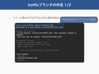 hotﬁxブランチの作成 1/2


-   リリース済みのプログラムに対し修正を加える
                                                  Redmine#200のホットフィックスを開始


     $ git flow hotfix start 20120401_200
     Switched to a new branch 'hotfix/20120401_200'

     Summary of actions:
     - A new branch 'hotfix/20120401_200' was created, based on
     'master'
     - You are now on branch 'hotfix/20120401_200'

     Follow-up actions:
     - Bump the version number now!
     - Start committing your hot fixes
     - When done, run:

          git flow hotfix finish '20120401_200'

     $ git branch
       develop
     * hotfix/20120401_200
       master
 
