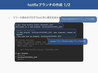 hotﬁxブランチの作成 1/2


-   リリース済みのプログラムに対し修正を加える
                                                  Redmine#200のホットフィックスを開始


     $ git flow hotfix start 20120401_200
     Switched to a new branch 'hotfix/20120401_200'

     Summary of actions:
     - A new branch 'hotfix/20120401_200' was created, based on
     'master'
     - You are now on branch 'hotfix/20120401_200'

     Follow-up actions:
     - Bump the version number now!    masterブランチを元にhotﬁxブランチを作成
     - Start committing your hot fixes
     - When done, run:

          git flow hotfix finish '20120401_200'

     $ git branch
       develop
     * hotfix/20120401_200
       master
 