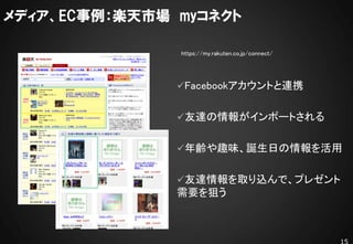 メディア、EC事例：楽天市場 myコネクト

               https://my.rakuten.co.jp/connect/




               Facebookアカウントと連携


               友達の情報がインポートされる


               年齢や趣味、誕生日の情報を活用


               友達情報を取り込んで、プレゼント
               需要を狙う



                                                   15
 