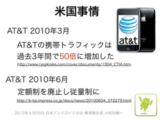 米国事情
AT&T 2010年3月
  AT&Tの携帯トラフィックは
  過去3年間で50倍に増加した
  http://www.ryojikoike.com/cover/documents/1004_CTIA.htm



AT&T 2010年6月
  定額制を廃止し従量制に
  http://k-tai.impress.co.jp/docs/news/20100604_372279.html


 2012年４月25日 日本アンドロイドの会 横須賀支部 大和田健一
 