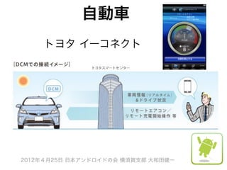 自動車
    トヨタ イーコネクト




2012年４月25日 日本アンドロイドの会 横須賀支部 大和田健一
 