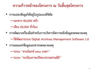 ความก้าวหน้าของโครงการ ณ วันสิ้นสุดโครงการ
• การแปลงข้อมูลให้อยู่ในรูปแบบดิจิทัล
   – เอกสาร 80,000 หน้า
   – เสียง 20,000 ชั่วโมง
• การพัฒนาเครื่องมือสาหรับการบริหารจัดการคลังข้อมูลจดหมายเหตุ
   – ได้พัฒนาระบบ Digital Archives Management Software 1.0
• การเผยแพร่ข้อมูลเอกสารจดหมายเหตุ
   – ระบบ “สวนโมกข์ ๓๖๐ องศา”
   – ระบบ “ระเบียงภาพปริศนาธรรมสามมิติ”

                                                            35
 