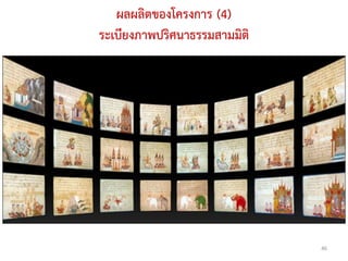 ผลผลิตของโครงการ (4)
ระเบียงภาพปริศนาธรรมสามมิติ




                              46
 