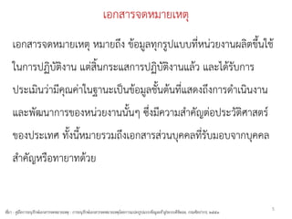 เอกสารจดหมายเหตุ
    เอกสารจดหมายเหตุ หมายถึง ข้อมูลทุกรูปแบบที่หน่วยงานผลิตขึ้นใช้
    ในการปฏิบัติงาน แต่สิ้นกระแสการปฏิบัติงานแล้ว และได้รับการ
    ประเมินว่ามีคุณค่าในฐานะเป็นข้อมูลชั้นต้นที่แสดงถึงการดาเนินงาน
    และพัฒนาการของหน่วยงานนั้นๆ ซึ่งมีความสาคัญต่อประวัติศาสตร์
    ของประเทศ ทั้งนี้หมายรวมถึงเอกสารส่วนบุคคลที่รับมอบจากบุคคล
    สาคัญหรือทายาทด้วย


                                                                                                                                    5
ที่มา - คู่มือการอนุรักษ์เอกสารจดหมายเหตุ : การอนุรักษ์เอกสารจดหมายเหตุโดยการแปลงรูปแบบข้อมูลเข้าสู่ระบบดิจิตอล, กรมศิลปากร, ๒๕๕๑
 