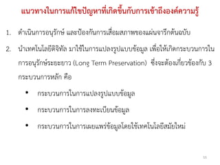 แนวทางในการแก้ไขปัญหาที่เกิดขึ้นกับการเข้าถึงองค์ความรู้
1. ดาเนินการอนุรักษ์ และป้องกันการเสื่อมสภาพของแผ่นจารึกต้นฉบับ
2. นาเทคโนโลยีดิจิทัล มาใช้ในการแปลงรูปแบบข้อมูล เพื่อให้เกิดกระบวนการใน
   การอนุรักษ์ระยะยาว (Long Term Preservation) ซึ่งจะต้องเกี่ยวข้องกับ 3
   กระบวนการหลัก คือ
      • กระบวนการในการแปลงรูปแบบข้อมูล
      • กระบวนการในการลงทะเบียนข้อมูล
      • กระบวนการในการเผยแพร่ข้อมูลโดยใช้เทคโนโลยีสมัยใหม่


                                                                    55
 