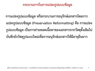 กระบวนการในการแปลงรูปแบบข้อมูล

การแปลงรูปแบบข้อมูล หรือกระบวนการอนุรักษ์เอกสารโดยการ
แปลงรูปแบบข้อมูล (Preservation Reformatting) คือ การแปลง
รูปแบบข้อมูล เป็นการถ่ายทอดเนื้อหาของเอกสารจากวัสดุดั้งเดิมไป
บันทึกยังวัสดุรูปแบบใหม่เพื่อการอนุรักษ์เอกสารให้มีอายุยืนยาว




 คู่มือการอนุรักษ์เอกสารจดหมายเหตุ : การอนุรักษ์เอกสารจดหมายเหตุโดยการแปลงรูปแบบข้อมูลเข้าสู่ระบบดิจิตอล, กรมศิลปากร, ๒๕๕๑   56
 