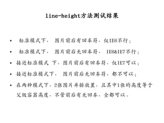 line-height方法测试结果


•   标准模式下， 图片前后有回车符，仅IE6不行；

•   标准模式下， 图片前后无回车符， IE6&IE7不行；

• 接近标准模式 下，图片前后有回车符，仅IE7可以；

• 接近标准模式下， 图片前后无回车符，都不可以；

• 在两种模式下，2张图片并排放置，且其中1张的高度等于
    父级容器高度，不管前后有无回车，全都可以。
 