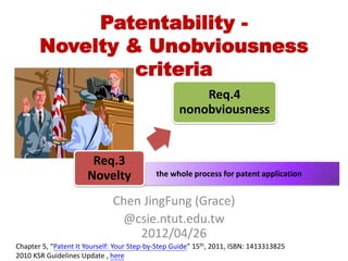 Patentability -
       Novelty & Unobviousness
                criteria
                                                       Req.4
                                                   nonobviousness


                       Req.3
                      Novelty               the whole process for patent application


                              Chen JingFung (Grace)
                               @csie.ntut.edu.tw
                                  2012/04/26
Chapter 5, “Patent It Yourself: Your Step-by-Step Guide” 15th, 2011, ISBN: 1413313825
2010 KSR Guidelines Update , here
 