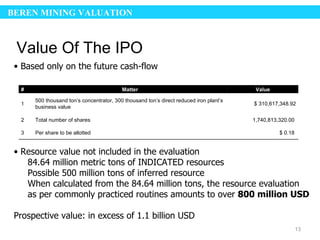 BEREN MINING VALUATION



 Value Of The IPO
 • Based only on the future cash-flow

  #                                       Matter                                         Value

      500 thousand ton’s concentrator, 300 thousand ton’s direct reduced iron plant’s
  1                                                                                     $ 310,617,348.92
      business value

  2   Total number of shares                                                            1,740,813,320.00

  3   Per share to be allotted                                                                    $ 0.18


 • Resource value not included in the evaluation
    84.64 million metric tons of INDICATED resources
    Possible 500 million tons of inferred resource
    When calculated from the 84.64 million tons, the resource evaluation
    as per commonly practiced routines amounts to over 800 million USD

 Prospective value: in excess of 1.1 billion USD
                                                                                                           13
 