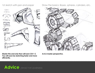 1st sketch with pen and paper                   Draw the basics: Boxes, spheres, cylinders, etc.




Master this and only then will earn Ctrl + Z.   A.K.A master perspective.
You will soon be sketching faster and more
efficiently.




  Advice (WHAT I'VE LEARNED)
 
