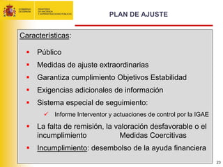 PLAN DE AJUSTE


Características:

     Público
     Medidas de ajuste extraordinarias
     Garantiza cumplimiento Objetivos Estabilidad
     Exigencias adicionales de información
     Sistema especial de seguimiento:
         Informe Interventor y actuaciones de control por la IGAE
     La falta de remisión, la valoración desfavorable o el
      incumplimiento            Medidas Coercitivas
     Incumplimiento: desembolso de la ayuda financiera
                                                                     23
 