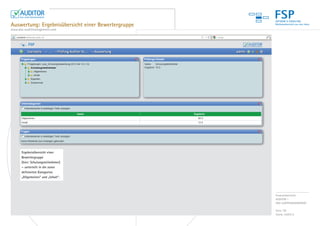 FSP
Auswertung: Ergebnisübersicht einer Bewertergruppe
www.das-auditmanagement.com




      Ergebnisübersicht einer
      Bewertergruppe
      (hier: Schulungsteilnehmer)
      – unterteilt in die zuvor
      definierten Kategorien
      „Allgemeines“ und „Inhalt“.




                                                     Produktübersicht:
                                                     AUDITOR –
                                                     DAS AUDITMANAGEMENT

                                                     Seite 7/8
                                                     Stand: 04/2012
 