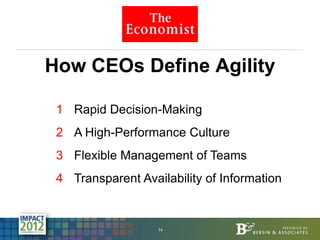 How CEOs Define Agility

 1 Rapid Decision-Making
 2 A High-Performance Culture
 3 Flexible Management of Teams
 4 Transpa...