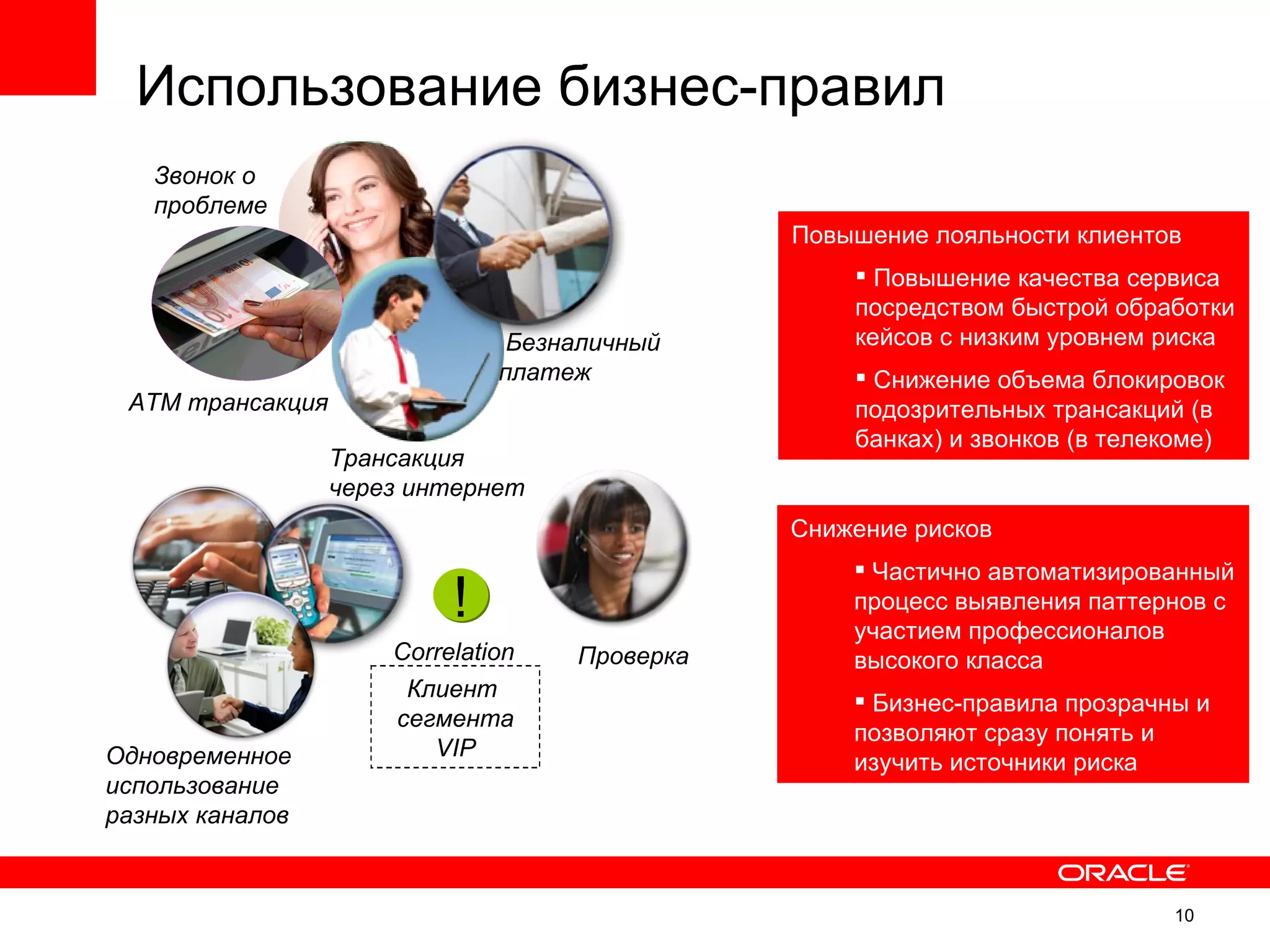Использование бизнес-правил
   Звонок о
   проблеме
                                               Повышение лояльности клиентов
                                                    Повышение качества сервиса
                                                   посредством быстрой обработки
                                Безналичный        кейсов с низким уровнем риска
                               платеж               Снижение объема блокировок
 ATM трансакция                                    подозрительных трансакций (в
                                                   банках) и звонков (в телекоме)
                  Трансакция
                  через интернет
                                               Снижение рисков
                                                    Частично автоматизированный
                           !                       процесс выявления паттернов с
                                                   участием профессионалов
                      Correlation   Проверка       высокого класса
                       Клиент
                                                    Бизнес-правила прозрачны и
                      сегмента
                                                   позволяют сразу понять и
Одновременное            VIP
                                                   изучить источники риска
использование
разных каналов


                                                                            10
                                                                                  10
 