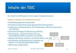 Inhalte der TGIC
Die „Inhalte“ der TGIC werden in einem eigenen Teilprojekt konzipiert

Aufgaben Teilprojekt „Services/Standardisierung“:
• Bereitstellung generelles Servicemodell
• Entwicklung / Konkretisierung des (gewünschten) Serviceportfolios
• Verzahnung und Kompetenzcenter der Entwicklungen im Bereich E-Government
  und E-Business
• Technische Grundlagen für Abrechnung und Billing
• Zertifizierungs- und Kontrollverfahren für neue                    TGIC-Projekt
  und bestehende Verfahren zusammen mit dem BSI
                                                                                                 TGIC-
• Regelwerk für Normen, Verfahren und Dienste Dritter in der TGIC                             Expertenkreis

• Ist-Aufnahme und Überführung aller Standards und
  Normen in ein toolunterstütztes Datenmodell
                                                           Services/             Infrastruktur/
• Normierung von Datensätzen                           Standardisierung           IT-Sicherheit


Leipzig, 10. Mai 2012                    FSP GmbH | Günter Friedrich                                    25
 