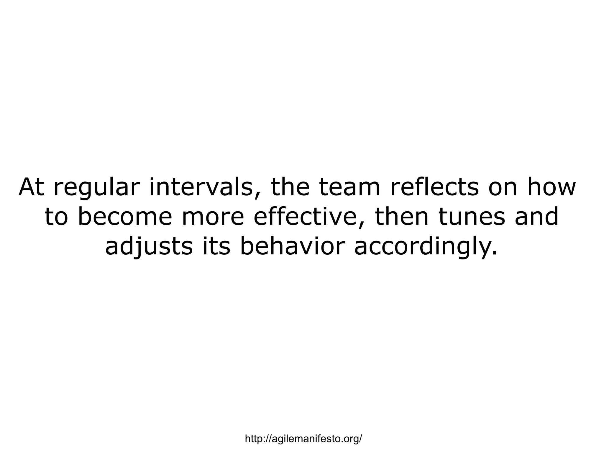 At regular intervals, the team reflects on how
  to become more effective, then tunes and
       adjusts its behavior accordingly.




                  http://agilemanifesto.org/
 