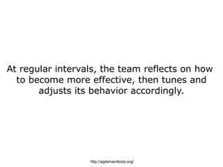 At regular intervals, the team reflects on how
  to become more effective, then tunes and
       adjusts its behavior accordingly.




                  http://agilemanifesto.org/
 
