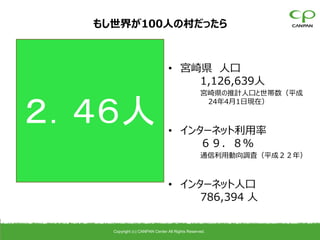 もし世界が100人の村だったら



                                • 宮崎県 人口
                                    1,126,639人
                                                 宮崎県の推計人口と世帯数（平成


２．４６人
                                                  24年4月1日現在）



                                • インターネット利用率
                                     ６９．８％
                                                 通信利用動向調査（平成２２年）



                                • インターネット人口
                                     786,394 人


    Copyright (c) CANPAN Center All Rights Reserved.
 