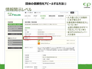 団体の信頼性をアピールする方法①

情報開示レベル
                                                             • 入力量に応じて自動的
                                                               に★が増えます
                                                             ※最低限の情報を記入し
                                                               ている→★１
                                                               必要な情報をほぼすべ
                                                               て記入している→★５
                                                             ・★５がCANPANメンバー
                                                               ズの要件




          Copyright (c) CANPAN Center All Rights Reserved.
                                                                        28
 