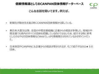 信頼情報源としてのCANPAN団体情報データーベース

             こんなお話を聞いてます。例えば、


•   新聞社が取材先を選ぶ時にCANPAN団体情報から探している。


•   東日本大震災以降、全国の中間支援組織に企業からの相談が多発した。地域の中
    間支援でも県内のすべての団体を把握しているわけではないため、紹介する時に参考
    にしたのはやはり団体情報などWebでしっかり情報開示がされているかがポイントだっ
    た。

•   日本財団やCANPANにも企業からの相談が寄せられるが、そこで紹介するのは★５の
    団体。




                Copyright (c) CANPAN Center All Rights Reserved.
                                                                   31
 