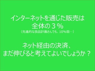インターネットを通じた販売は
     全体の３％
   （先進的な良品計画さんでも、10%弱…）



   ネット経由の決済、
まだ伸びると考えてよいでしょうか？
        Copyright (c) CANPAN Center All Rights Reserved.
 