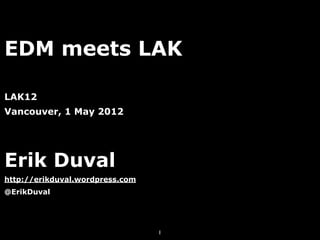 EDM meets LAK

LAK12
Vancouver, 1 May 2012




Erik Duval
http://erikduval.wordpress.com
@ErikDuval




                                 1
 
