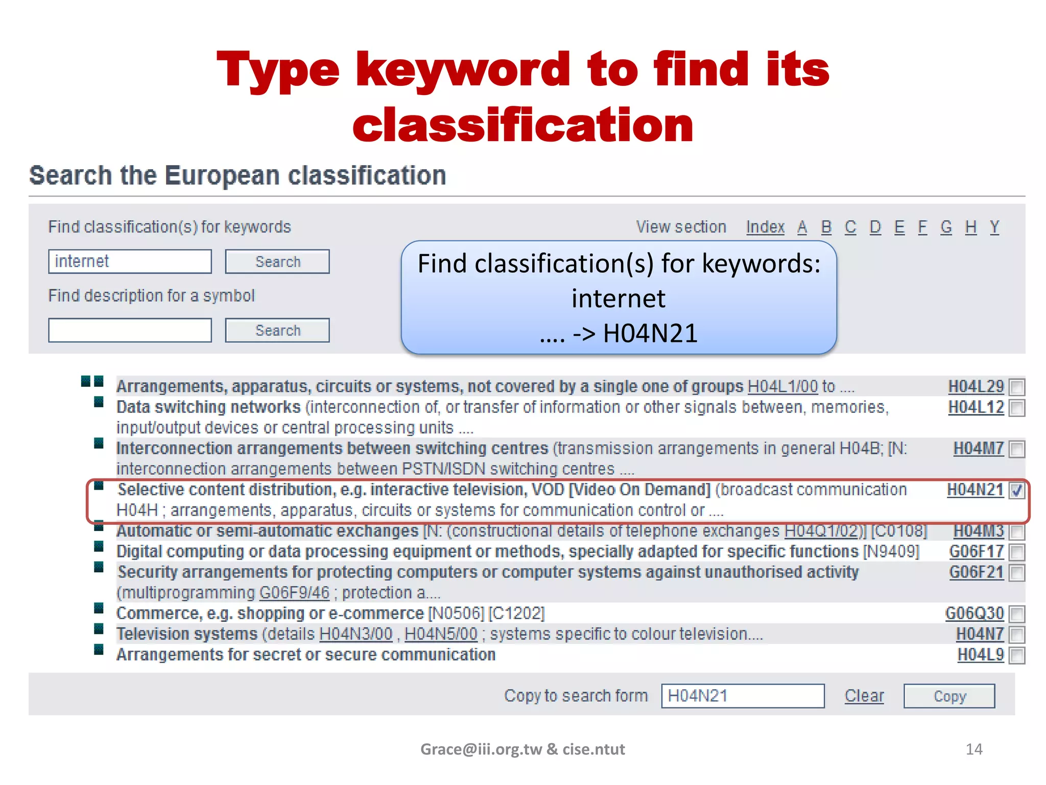Type keyword to find its
     classification

       Find classification(s) for keywords:
                     internet
                  …. -> H04N21




       Grace@iii.org.tw & cise.ntut           14
 