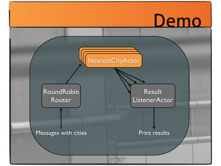 Demo
                 NearestCityActor
                 NearestCityActor
                  NearestCityActor
                  NearestCityActor



  RoundRobin                       Result
    Router                     ListenerActor



Messages with cities             Print results
 