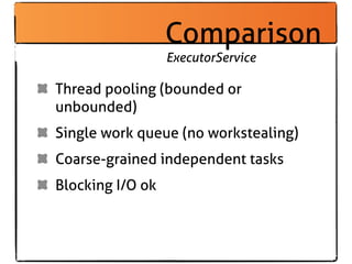 Comparison
                  ExecutorService

Thread pooling (bounded or
unbounded)
Single work queue (no workstealing)
Coarse-grained independent tasks
Blocking I/O ok
 