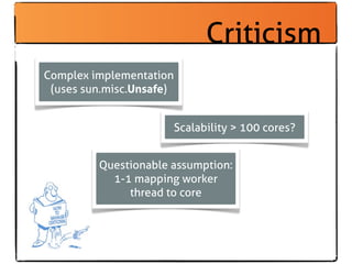 Criticism
Complex implementation
 (uses sun.misc.Unsafe)


                          Scalability > 100 cores?


         Questionable assumption:
           1-1 mapping worker
              thread to core
 