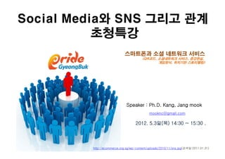 Social Media와 SNS 그리고 관계
           초청특강
                             스마트폰과 소셜 네트워크 서비스
                                        (QR코드, 소셜네트워크 서비스, 증강현실,
                                               게임방식, 위치기반 스토리텔링)




                              Speaker : Ph.D. Kang, Jang mook
                                            mooknc@gmail.com

                                    2012. 5.3일(목) 14:30 ~ 15:30 .




         http://ecommerce.org.sg/wp-content/uploads/2010/11/sns.jpg(검색일:2011.01.31)
 