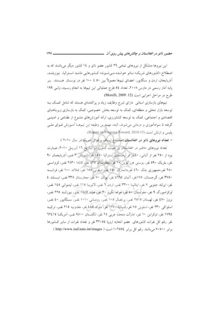 ‫ﻧ‬ ‫ﺣﻀﻮر‬‫ﭼﺎﻟﺶ‬ ‫و‬ ‫اﻓﻐﺎﻧﺴﺘﺎن‬ ‫در‬ ‫ﺎﺗﻮ‬‫ﭘﻴﺶ‬ ‫ﻫﺎي‬‫آن‬ ‫روي‬‫ـــــــــــــــــــــ‬‫ـ‬‫ـ‬‫ـ‬‫ـ‬‫ــــــ‬147
‫ﺗﻤﺎﻣﻲ‬ ‫ﻧﻴﺮوﻫﺎي‬ ‫از‬ ‫ﻣﺘﺸﻜﻞ‬ ‫ﻧﻴﺮوﻫﺎ‬ ‫اﻳﻦ‬26‫و‬ ‫ﻧﺎﺗﻮ‬ ‫ﻋﻀﻮ‬ ‫ﻛﺸﻮر‬14‫دﻳﮕﺮ‬ ‫ﻛﺸﻮر‬‫ﻣﻲ‬‫ﺑﻪ‬ ‫ﻛﻪ‬ ‫ﺑﺎﺷﻨﺪ‬
‫اﺻﻄﻼح‬»‫ﺷﺮﻳﻚ‬ ‫ﻛﺸﻮرﻫﺎي‬«‫ﺧﻮاﻧـﺪه‬ ‫ﻧـﺎﺗﻮ‬‫ﻣـﻲ‬‫ﺷـﻮﻧﺪ؛‬،‫اﺳـﺘﺮاﻟﻴﺎ‬ ‫ﻣﺎﻧﻨـﺪ‬ ‫ﻛـﺸﻮرﻫﺎﻳﻲ‬،‫ﻧﻴﻮزﻳﻠﻨـﺪ‬
‫ﺳﻨﮕﺎﭘﻮر‬ ‫و‬ ‫اردن‬ ،‫آذرﺑﺎﻳﺠﺎن‬.‫ﺗﻴﻢ‬ ‫اﻋﻀﺎي‬ً‫ﻻ‬‫ﻣﻌﻤﻮ‬ ‫ﻫﺎ‬‫ﺑﻴﻦ‬50‫ﺗﺎ‬100‫ﻫـ‬ ‫ﻧﻮﺳـﺎن‬ ‫در‬ ‫ﻧﻔﺮ‬‫ﺴﺘﻨﺪ‬.‫ﺑـﺮ‬
‫ﻣﺎرس‬ ‫در‬ ‫رﺳﻤﻲ‬ ‫آﻣﺎر‬ ‫ﭘﺎﻳﻪ‬2008،‫ﺗﻌﺪاد‬54‫ﺗﻴﻢ‬ ‫اﻳﻦ‬ ‫ﻋﻤﻠﻴﺎﺗﻲ‬ ‫ﻃﺮح‬‫رﺳـﻴﺪ‬ ‫اﻧﺠﺎم‬ ‫ﺑﻪ‬ ‫ﻫﺎ‬،‫وﻟـﻲ‬199
‫اﺳﺖ‬ ‫اﺟﺮاﻳﻲ‬ ‫ﻣﺮاﺣﻞ‬ ‫در‬ ‫ﻃﺮح‬(Morelli, 2009: 12).
‫ﺗﻴﻢ‬‫ﺑﺎ‬ ‫ﻫﺎي‬‫ز‬‫ﭘﺮاﻛﻨﺪه‬ ‫و‬ ‫زﻳﺎد‬ ‫وﻇﺎﻳﻒ‬ ‫ﺷﺮح‬ ‫داراي‬ ‫اﺳﺘﺎﻧﻲ‬ ‫ﺳﺎزي‬‫اي‬‫ﺑـﻪ‬ ‫ﻛﻤـﻚ‬ ‫ﺷﺎﻣﻞ‬ ‫ﻛﻪ‬ ‫ﻫﺴﺘﻨﺪ‬
‫ﻣﻨﻄﻘﻪ‬ ‫و‬ ‫ﻣﺤﻠﻲ‬ ‫ﺑﺎزار‬ ‫ﺗﻮﺳﻌﻪ‬‫اي‬،‫ﺗ‬ ‫ﺑﻪ‬ ‫ﻛﻤﻚ‬‫زﻳﺮﺑﻨﺎﻫـﺎي‬ ‫ﺑﺎزﺳﺎزي‬ ‫ﺑﻪ‬ ‫ﻛﻤﻚ‬ ،‫ﺧﺼﻮﺻﻲ‬ ‫ﺑﺨﺶ‬ ‫ﻮﺳﻌﻪ‬
‫آﻣﻮزش‬ ‫اراﺋﻪ‬ ،‫ﻛﺸﺎورزي‬ ‫ﺗﻮﺳﻌﻪ‬ ‫ﺑﻪ‬ ‫ﻛﻤﻚ‬ ،‫اﺟﺘﻤﺎﻋﻲ‬ ‫و‬ ‫اﻗﺘﺼﺎدي‬‫اﻣﻨﻴﺘـﻲ‬ ‫و‬ ‫ﻧﻈـﺎﻣﻲ‬ ‫از‬ ‫ﻣﺘﻨـﻮع‬ ‫ﻫﺎي‬
‫درﻣﺎﻧﻲ‬ ‫و‬ ‫ﺳﻮادآﻣﻮزي‬ ‫ﺗﺎ‬ ‫ﮔﺮﻓﺘﻪ‬‫ﻣﻲ‬،‫ﺷﻮﻧﺪ‬‫اﻟﺒﺘﻪ‬،‫ﺗﻴﻢ‬ ‫اﻳﻦ‬ ‫وﻇﻴﻔﻪ‬ ‫ﻣﻬﻤﺘﺮﻳﻦ‬‫ﻣﻠـﻲ‬ ‫ﻗـﻮاي‬ ‫آﻣـﻮزش‬ ‫ﻫـﺎ‬
‫اﺳﺖ‬ ‫ارﺗﺶ‬ ‫و‬ ‫ﭘﻠﻴﺲ‬(Report on Progress Toward, 2010:15).
-‫اﻓﻐﺎﻧﺴﺘﺎن‬ ‫در‬ ‫ﻧﺎﺗﻮ‬ ‫ﻧﻴﺮوﻫﺎي‬ ‫ﺗﻌﺪاد‬)‫آﻣﺮﻳﻜﺎ‬ ‫ﻗﻮاي‬ ‫و‬ ‫اﻳﺴﺎف‬ ‫ﻣﺠﻤﻮع‬‫در‬‫ﺳﺎل‬2010(:
‫ﻛﺸﻮر‬ ‫ﺣﺴﺐ‬ ‫ﺑﺮ‬ ‫اﻓﻐﺎﻧﺴﺘﺎن‬ ‫در‬ ‫ﺣﺎﺿﺮ‬ ‫ﻧﻴﺮوﻫﺎي‬ ‫ﺗﻌﺪاد‬،‫ﺗـﺎرﻳﺦ‬ ‫در‬16‫آورﻳـﻞ‬2010،‫ﻋﺒـﺎرت‬
‫از‬ ‫ﺑﻮد‬250،‫آﻟﺒﺎﻧﻲ‬ ‫از‬ ‫ﻧﻔﺮ‬40‫اﺳﺘﺮاﻟﻴﺎ‬ ،‫آرﻣﻨﺴﺘﺎن‬ ‫از‬ ‫ﻧﻔﺮ‬1550‫اﺗـﺮﻳﺶ‬ ،‫ﻧﻔﺮ‬3‫آذرﺑﺎﻳﺠـﺎن‬ ،‫ﻧﻔـﺮ‬90
‫ﺑﻠﺰﻳﻚ‬ ،‫ﻧﻔﺮ‬590‫ﻫﺮزﮔﻮﻳﻦ‬ ‫ﺑﻮﺳﻨﻲ‬ ،‫ﻧﻔﺮ‬10‫ﺑﻠﻐﺎرﺳﺘﺎن‬ ،‫ﻧﻔﺮ‬525‫ﻛﺎﻧﺎدا‬ ،‫ﻧﻔﺮ‬2830‫ﻛﺮواﺳـﻲ‬ ،‫ﻧﻔـﺮ‬
280‫ﭼﻚ‬ ‫ﻧﻔﺮ،ﺟﻤﻬﻮري‬460‫ﻧﻔﺮ،داﻧﻤﺎرك‬750،‫ﻧﻔﺮ‬‫اﺳﺘﻮﻧﻲ‬155‫ﻓﻨﻼﻧﺪ‬ ،‫ﻧﻔﺮ‬100‫ﻓﺮاﻧـﺴﻪ‬ ،‫ﻧﻔﺮ‬
3750،‫ﮔﺮﺟﺴﺘﺎن‬ ،‫ﻧﻔﺮ‬175‫آﻟﻤﺎن‬ ،‫ﻧﻔﺮ‬4665‫ﻳﻮﻧﺎن‬ ،‫ﻧﻔﺮ‬70‫ﻣﺠﺎرﺳﺘﺎن‬ ،‫ﻧﻔﺮ‬335‫ﻧﻔـﺮ‬،‫اﻳـﺴﻠﻨﺪ‬4
‫ﺟﻨﻮﺑ‬ ‫اﻳﺮﻟﻨﺪ‬ ،‫ﻧﻔﺮ‬‫ﻲ‬7‫اﻳﺘﺎﻟﻴـﺎ‬ ،‫ﻧﻔﺮ‬3300‫اردن‬ ،‫ﻧﻔـﺮ‬6‫ﻻﺗﻮﻳـﺎ‬ ،‫ﻧﻔـﺮ‬115‫ﻟﻴﺘـﻮاﻧﻲ‬ ،‫ﻧﻔـﺮ‬145،‫ﻧﻔـﺮ‬
‫ﻟﻮﻛﺰاﻣﺒﻮرگ‬9‫ﻣﻐﻮﻟﺴﺘﺎن‬ ،‫ﻧﻔﺮ‬40‫ﻧﮕﺮو‬ ‫ﻣﻮﻧﺘﻪ‬ ،‫ﻧﻔﺮ‬30‫ﻫﻠﻨﺪ‬ ،‫ﻧﻔﺮ‬1885‫ﻧﻴﻮزﻟﻨـﺪ‬ ،‫ﻧﻔـﺮ‬225،‫ﻧﻔـﺮ‬
‫ﻧﺮوژ‬470‫ﻟﻬﺴﺘﺎن‬ ،‫ﻧﻔﺮ‬2515‫ﭘﺮﺗﻐـﺎل‬ ،‫ﻧﻔـﺮ‬105‫روﻣـﺎﻧﻲ‬ ،‫ﻧﻔـﺮ‬1010‫ﺳـﻨﮕﺎﭘﻮر‬ ،‫ﻧﻔـﺮ‬40،‫ﻧﻔـﺮ‬
‫اﺳﻠﻮاﻛﻲ‬230‫ﻧﻔﺮ‬،‫اﺳﻠﻮﻧﻲ‬75‫اﺳﭙﺎﻧﻴﺎ‬ ،‫ﻧﻔﺮ‬1270‫ﺳﻮﺋﺪ‬ ،‫ﻧﻔﺮ‬485‫ﻣﻘﺪوﻧﻴﻪ‬ ،‫ﻧﻔﺮ‬215‫ﺗﺮﻛﻴـﻪ‬ ،‫ﻧﻔـﺮ‬
1795‫اوﻛﺮاﻳﻦ‬ ،‫ﻧﻔﺮ‬10‫ﻧﻔﺮ‬،‫ﻋﺮﺑﻲ‬ ‫ﻣﺘﺤﺪه‬ ‫اﻣﺎرات‬25‫اﻧﮕﻠﺴﺘﺎن‬ ،‫ﻧﻔﺮ‬9500‫آﻣﺮﻳﻜـﺎ‬ ،‫ﻧﻔـﺮ‬62415
‫ﻧﻔﺮ‬.‫اروﭘﺎ‬ ‫اﺗﺤﺎﻳﻪ‬ ‫ﻋﻀﻮ‬ ‫ﻛﺸﻮرﻫﺎي‬ ‫ﻧﻔﺮات‬ ‫ﻛﻞ‬ ‫رﻗﻢ‬32054‫ﻛـﺸﻮرﻫﺎ‬ ‫ﺳﺎﻳﺮ‬ ‫از‬ ‫ﻧﻔﺮات‬ ‫ﺗﻌﺪاد‬ ‫و‬ ‫ﻧﻔﺮ‬
‫ﺑﺮاﺑﺮ‬70500‫ﻣﻲ‬‫ﺑﺎﺷ‬‫ﺪ‬.‫ﺑﺮاﺑﺮ‬ ‫ﻛﻞ‬ ‫رﻗﻢ‬102554‫اﺳﺖ‬)http://www.isaf.nato.int/images(.
 