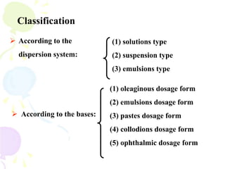 Classification
 According to the
dispersion system:
(1) solutions type
(2) suspension type
(3) emulsions type
 According to the bases:
(1) oleaginous dosage form
(2) emulsions dosage form
(3) pastes dosage form
(4) collodions dosage form
(5) ophthalmic dosage form
 