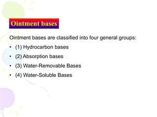 Ointment bases
Ointment bases are classified into four general groups:
• (1) Hydrocarbon bases
• (2) Absorption bases
• (3) Water-Removable Bases
• (4) Water-Soluble Bases
 