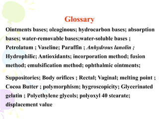 Glossary
Ointments bases; oleaginous; hydrocarbon bases; absorption
bases; water-removable bases;water-soluble bases ;
Petrolatum ; Vaseline; Paraffin ; Anhydrous lanolin ;
Hydrophilic; Antioxidants; incorporation method; fusion
method; emulsification method; ophthalmic ointments;
Suppositories; Body orifices ; Rectal; Vaginal; melting point ;
Cocoa Butter ; polymorphism; hygroscopicity; Glycerinated
gelatin ; Polyethylene glycols; polyoxyl 40 stearate;
displacement value
 